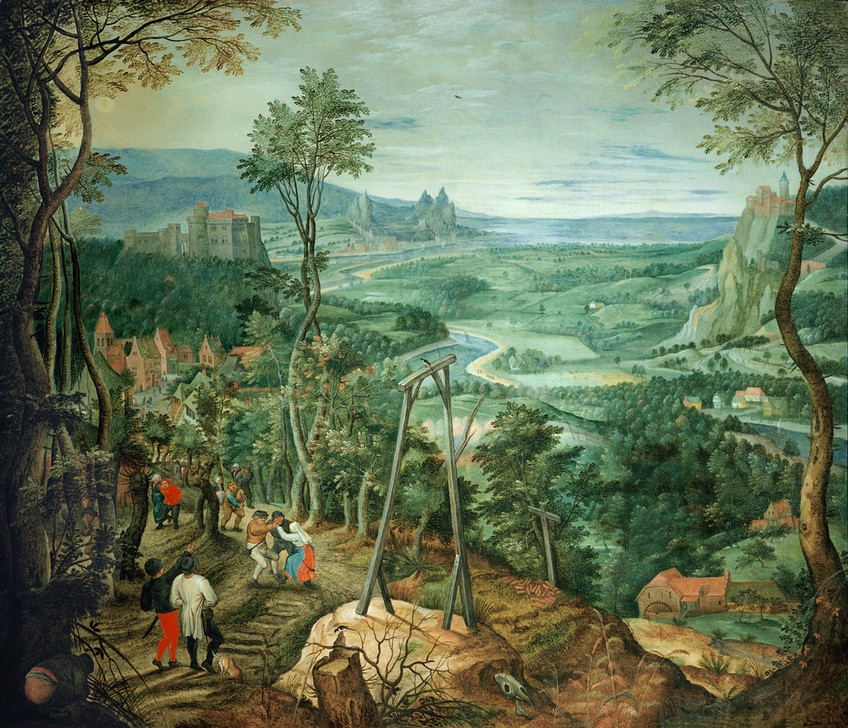 Pieter Brueghel der Jüngere, Weite Landstraße mit Reisenden (Burg (Bauwerk),Defäkation,Dorf,Landstrasse,Landschaft,Literatur,Sprichwort,Tanz,Vogel,Volkskunde,Zoologie,Elster,Redensart,Galgen,Niederländische Kunst,Im Freien (Allgemein),Lebensfreude,Landleben,Gegensatz,Sprichwörter Und Redensarten,Land Und Leute)