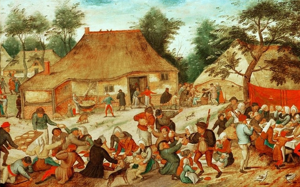 Pieter Brueghel der Jüngere, Dorflandschaft mit Hochzeitsmahl im Freien (Bauer (Landwirt),Dorf,Dudelsack,Essen Und Trinken,Familienfeste,Feste,Hochzeit,Liebe Und Ehe,Mensch,Tafelsitten,Volkskunde,Bäuerin,Niederländische Kunst,Im Freien (Allgemein),Landbevölkerung,Dorfleben,Land Und Leute)