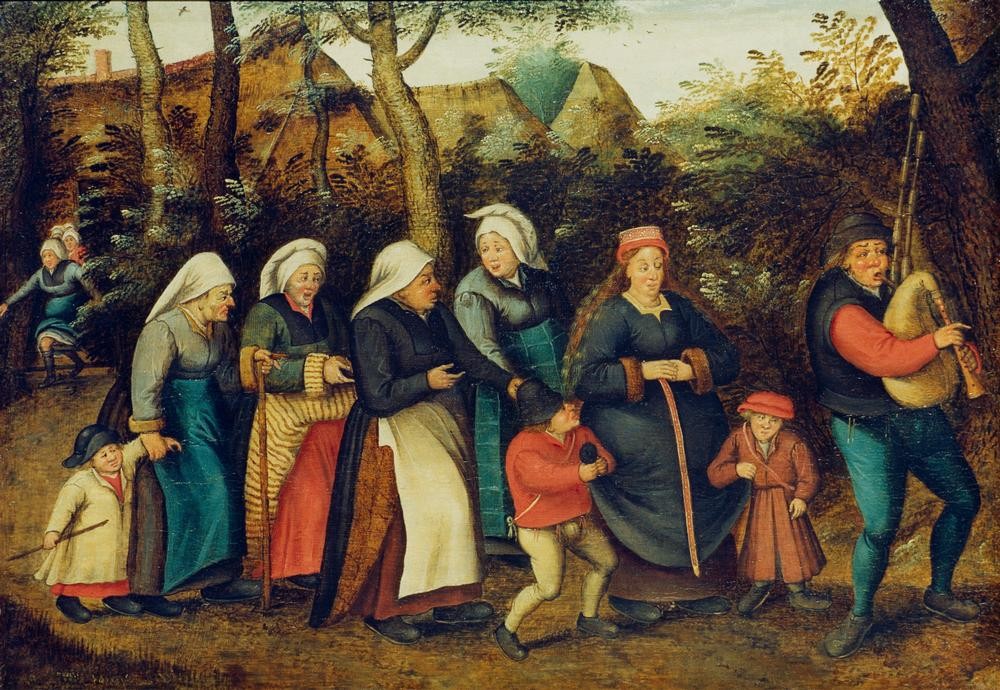 Pieter Brueghel der Jüngere, Zug der Braut zur Kirche (Braut,Dudelsack,Hochzeit,Liebe Und Ehe,Mensch,Volkskunde,Kirchgang,Niederländische Kunst,Frauenleben,Land Und Leute)