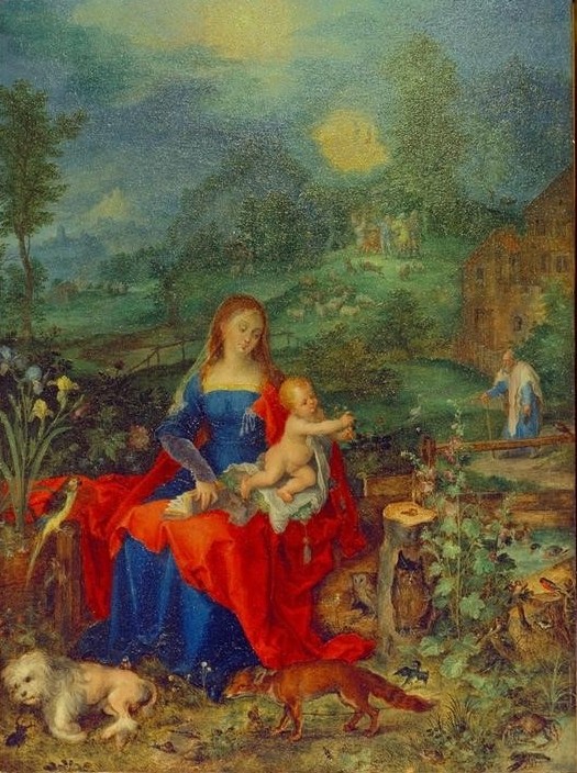 Jan Brueghel der Ältere, Maria mit den vielen Tieren (Christentum,Eule,Fuchs,Iris (Botanik),Landschaft,Papagei,Religion,Zoologie,Hund,Maria Mit Kind,Neues Testament,Bibel,Manierismus,Verkündigung An Die Hirten,Niederländische Kunst,Jesusknabe,Pudel,Käfer)