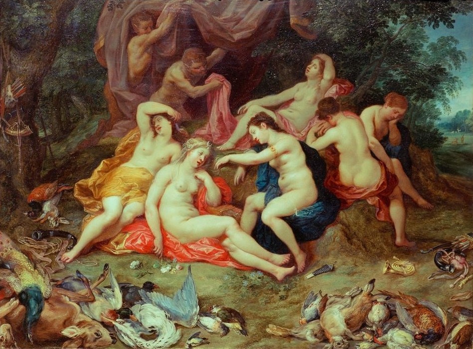 Jan Brueghel der Ältere, Diana und ihre Nymphen, von Satyrn belauscht (Flämische Kunst,Frau,Jagd,Mythologie,Nymphe,Barock,Akt,Stillleben,Satyr,Voyeurismus,Niederländische Kunst,Jägerin,Jagdstillleben,Griechisch-Römische Mythologie,Gemeinschaftsbild)