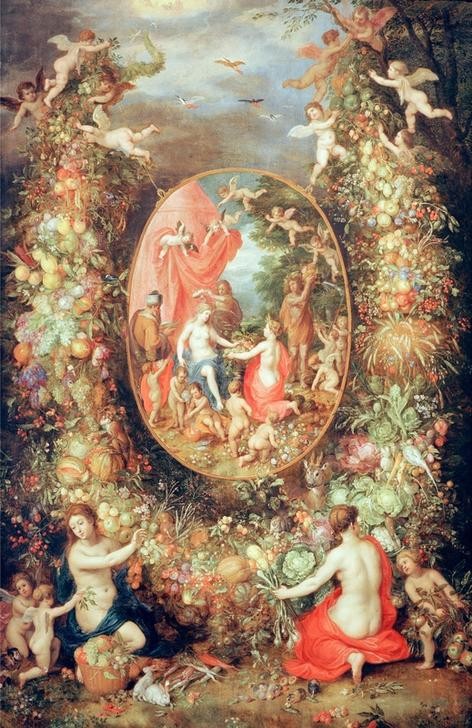 Jan Brueghel der Ältere, Fruchtgirlande mit Cybele (Flämische Kunst,Jahreszeiten,Mythologie,Obst,Barock,Allegorie,Bild Im Bild,Putto,Stillleben,Niederländische Kunst,Girlande,Vier Jahreszeiten,Amorette,Griechisch-Römische Mythologie,Gemeinschaftsbild)