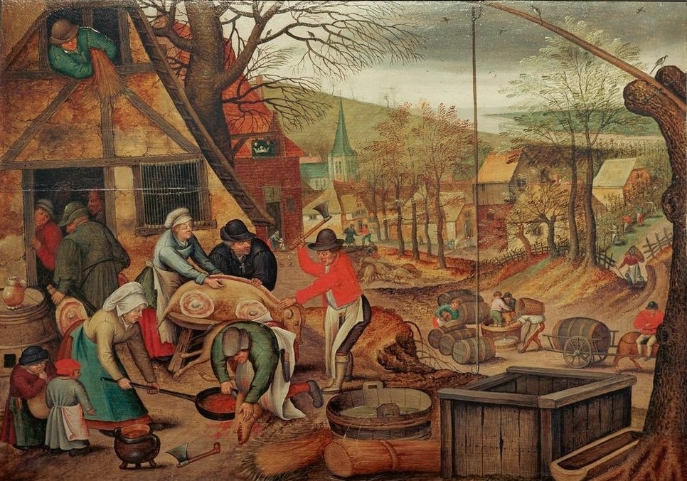 Pieter Brueghel der Jüngere, Schweineschlachten (Bauer (Landwirt),Flämische Kunst,Herbst,Jahr Und Kalender,Jahreszeiten,Kinderspiel,Kind,Schlachten,Schwein,Brunnen,Allegorie,Fleisch,Manierismus,Ziehbrunnen,Niederländische Kunst,Pusten,Landleben,Hausschlachtung,Kinderleben,Landbevölkerung,Dorfleben,Schwe)