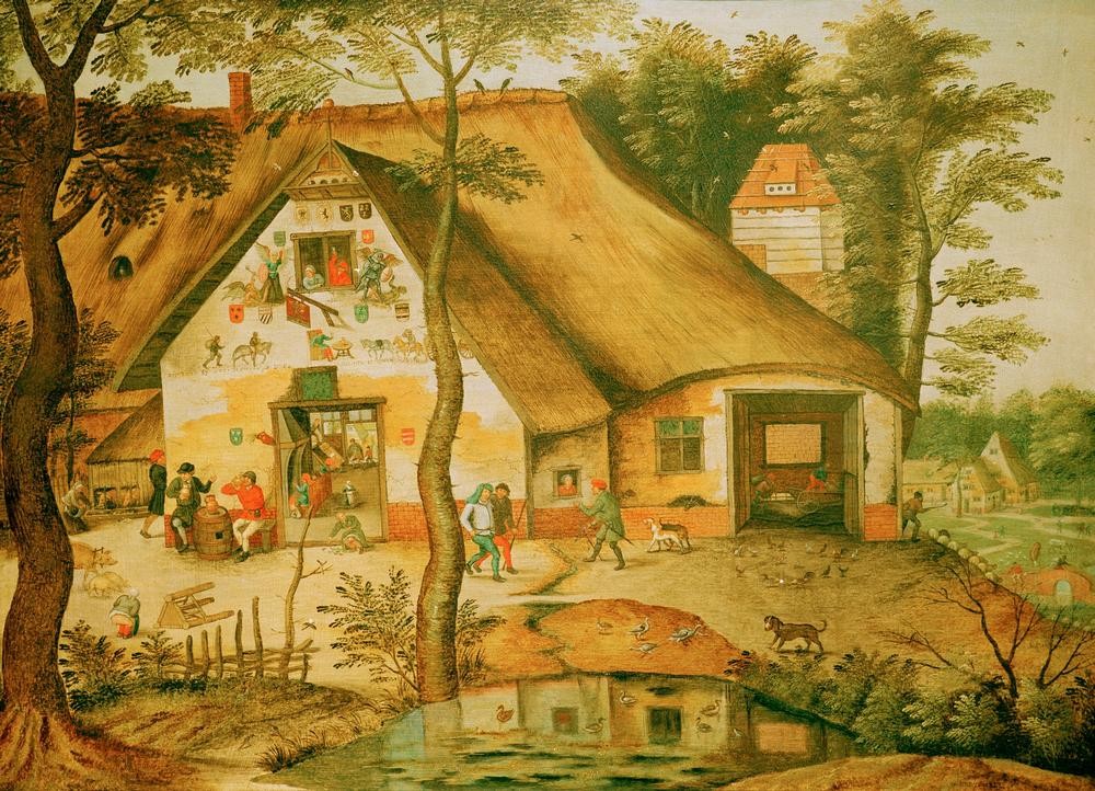 Pieter Brueghel der Jüngere, Das Wirtshaus St. Michael (Flämische Kunst,Gasthaus,Gastronomie,Volkskunde,Barock,Architekturdarstellung,Strohdach,Niederländische Kunst,Aussenansicht,Land Und Leute,Reetdach)