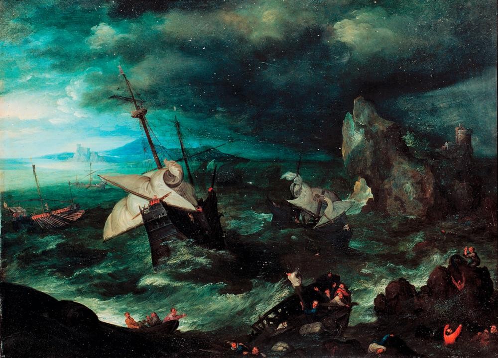 Jan Brueghel der Ältere, Seesturm mit Schiffbrüchigen (Flämische Kunst,Küste,Landschaft,Meteorologie,Schiffbruch Und Unglück,Meer,Manierismus,Marinemalerei,Seenot,Niederländische Kunst,Sturm,Schifffahrt)