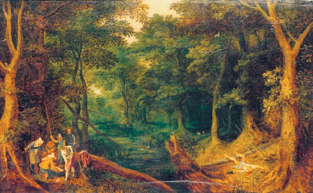 Jan Brueghel der Ältere, Überfall im Wald (Landschaft, Räuber, Mord, Kriminell, Unrecht, Überfall, Wald, Laubwald, Räuberbande, Wegelagerer, Barock, Klassiker, Malerei, Wunschgröße, Wohnzimmer, bunt)