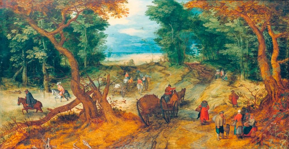 Jan Brueghel der Ältere, Waldstraße mit Reisenden (Flämische Kunst,Reisender,Landstrasse,Landschaft,Verkehrswege,Strasse (Allgemein),Transport,Verkehr,Wald,Laubwald,Reiter,Reise,Manierismus,Fussreise,Niederländische Kunst,Fussgänger,Fernverkehr,Reiten,Strasse (Unbefestigt),Reisende,Fuhrwerk)