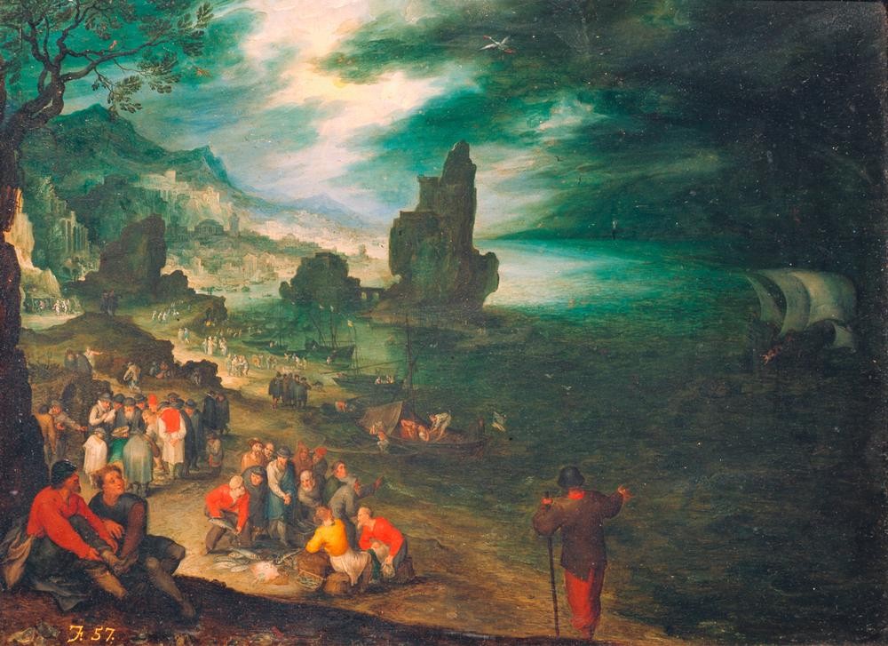 Jan Brueghel der Ältere, Küstenlandschaft mit Opferung des Jonas (Fischer, Fischerei,Landschaft, Segelschiff, Altes Testament, Bibel,Opferung Jonas,Jüdisch-Christlich, Sturm, Meer, Küste, Barock, Klassiker, Malerei, Wunschgröße, Wohnzimmer, bunt)