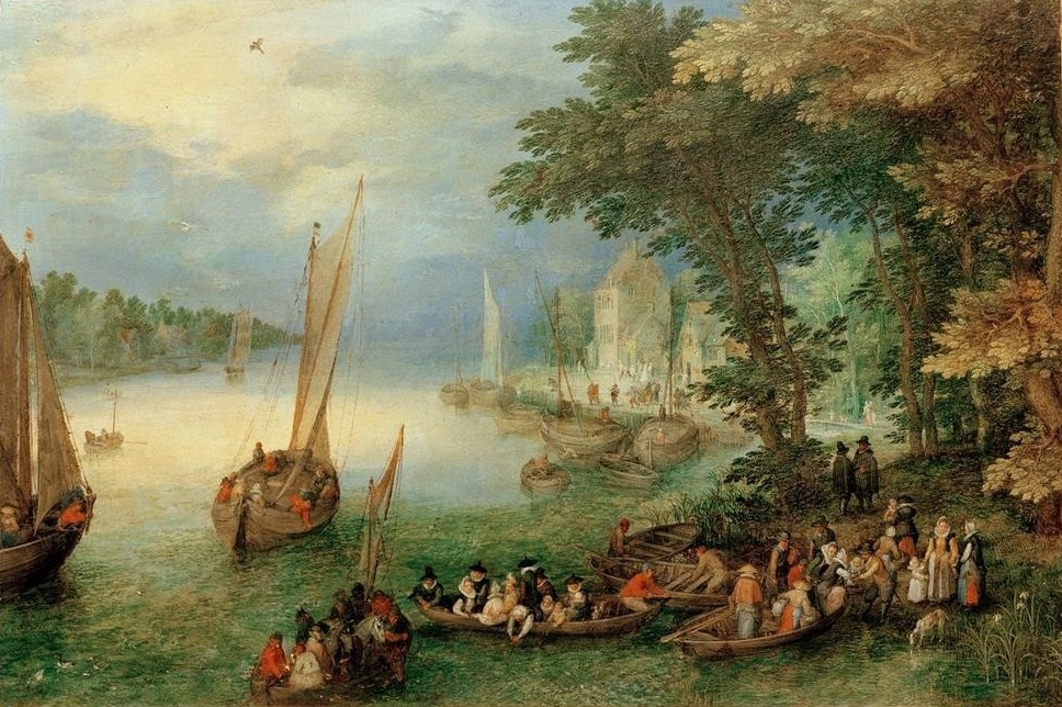 Jan Brueghel der Ältere, Flußlandschaft (Fähre,Flämische Kunst,Landschaft,Ruderboot,Segelboot,Fluss,Manierismus,Niederländische Kunst,Personentransport,Binnenschiffahrt,Ufer,Bootsanlegestelle,Schifffahrt)