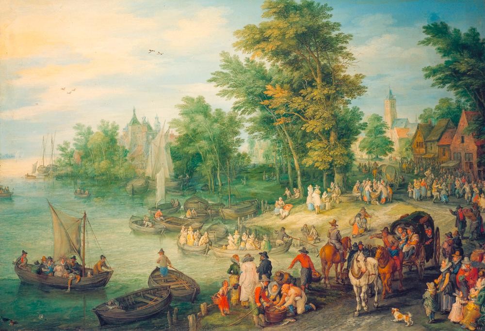 Jan Brueghel der Ältere, Landungssteg (Fähre,Fischer,Flämische Kunst,Kutsche,Landschaft,Pferdewagen,Ruderboot,Verkehr,Segelboot,Fluss,Manierismus,Niederländische Kunst,Binnenschiffahrt,Ufer,Bootsanlegestelle,Schifffahrt)
