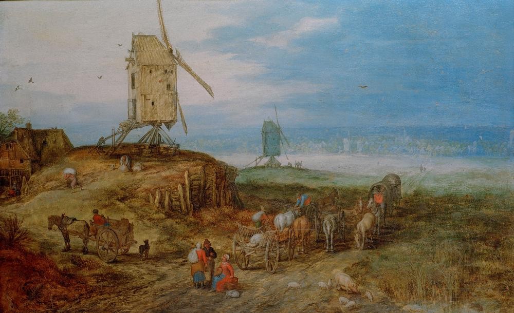 Jan Brueghel der Ältere, Landschaft mit Mühlen (Flämische Kunst,Landschaft,Mühle,Pferdewagen,Transport,Verkehr,Windmühle,Barock,Technik,Niederländische Kunst,Mehl,Sterz,Bockwindmühle,Fuhrwerk)