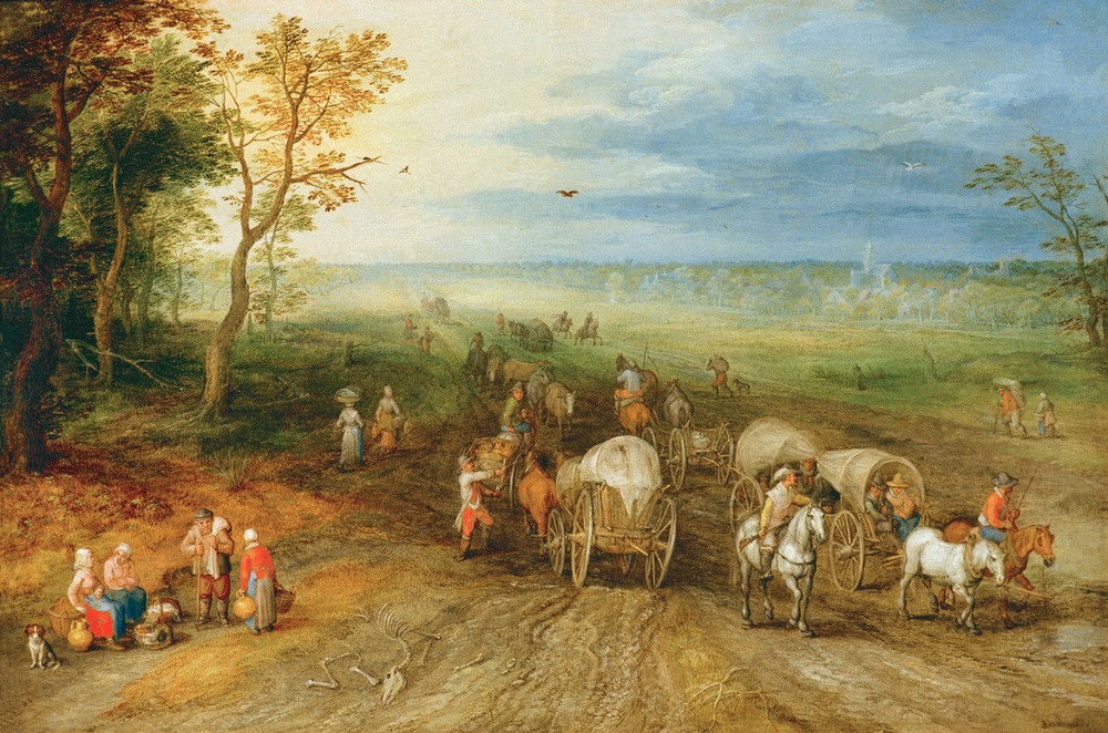 Jan Brueghel der Ältere, Weite Landschaft mit Reisenden (Flämische Kunst,Reisender,Landstrasse,Landschaft,Pferdewagen,Verkehrswege,Strasse (Allgemein),Transport,Verkehr,Volkskunde,Fuhrmann,Skelett,Barock,Planwagen,Reise,Manierismus,Stadtansicht,Fussreise,Niederländische Kunst,Fernverkehr,Ausruhen,Strasse (Unbef)