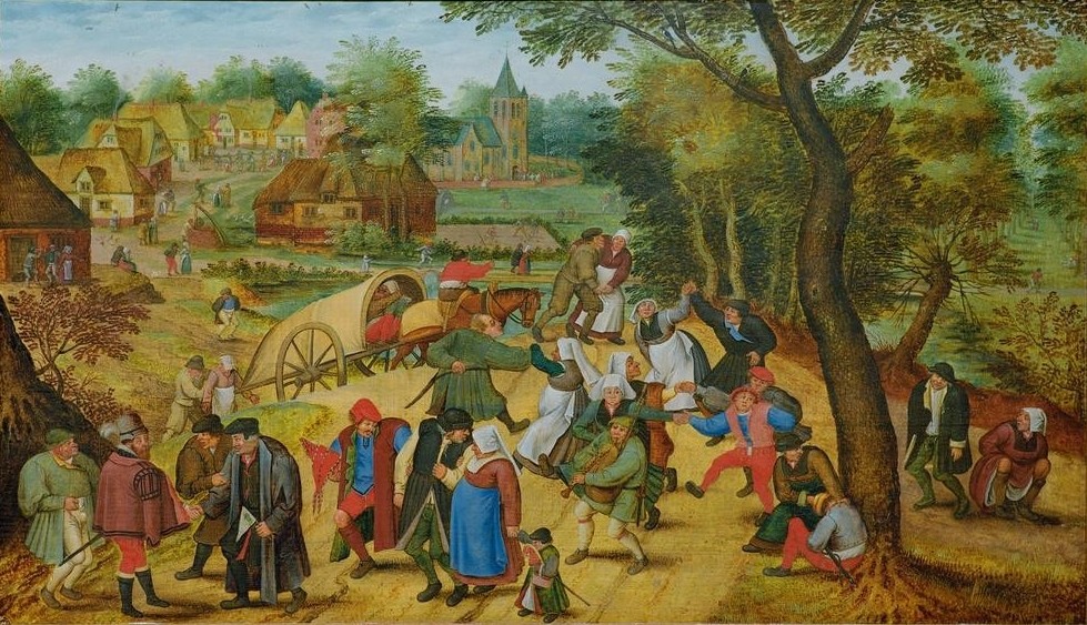 Pieter Brueghel der Jüngere, Rückkehr von der Kirmes (Feste,Flämische Kunst,Tanz,Verkehr,Volksfest,Volkskunde,Steckenpferd,Volkstanz,Niederländische Kunst,Urinieren,Im Freien (Allgemein),Ausgelassenheit,Landbevölkerung,Dorfleben,Land Und Leute,Kirmes,Heimweg)