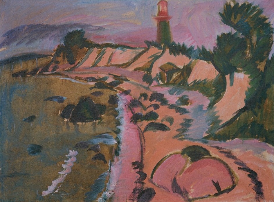 Ernst Ludwig Kirchner, Fehmarnküste mit Leuchtturm (Deutsche Kunst,Küste,Kunst,Landschaft,Leuchtturm,Strand,Meer,Expressionismus,Die Brücke,Ufer)