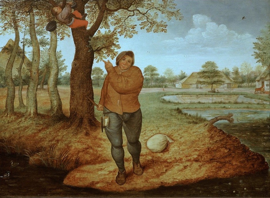 Pieter Brueghel der Jüngere, Der Nesträuber (Bauer (Landwirt),Diebstahl,Herrenmode,Klettern,Landschaft,Mann,Mode,Recht,Volkskunde,Trinkhorn,Renaissance,Moral,Baum,Kopie,Niederländische Kunst,Dieb,Vogeldieb,Zeigefinger,Hose,Kapuze,Tierquälerei,Kriminalität,Nest,Jacke,Naturschutz,Straftat,Blick Aus De)