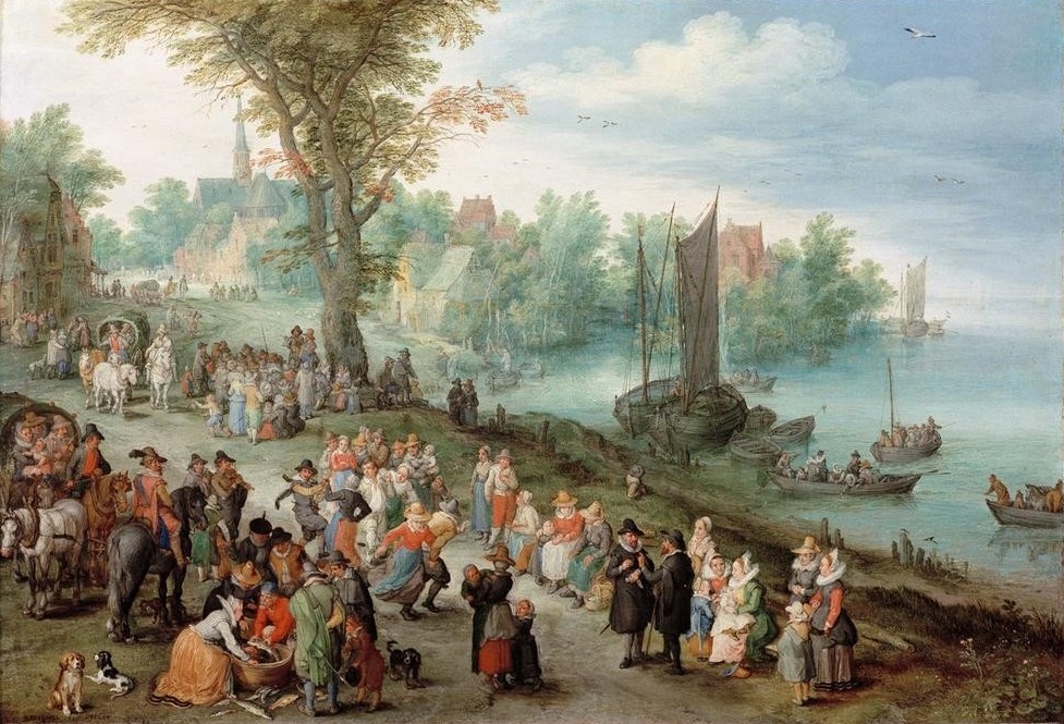 Jan Brueghel der Ältere, Dorflandschaft mit Selbstbildnis (Dorf,Flämische Kunst,Landschaft,Tanz,Segelboot,Fluss,Manierismus,Volkstanz,Niederländische Kunst,Landleben,Landbevölkerung,Dorfleben)