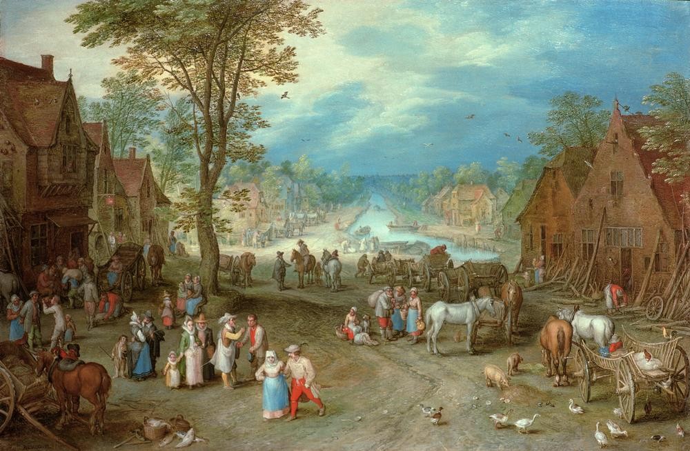 Jan Brueghel der Ältere, Dorfstraße mit Kanal (Bauernhof,Dorfstrasse,Dorf,Flämische Kunst,Kanal,Landschaft,Pferdewagen,Strasse (Allgemein),Verkehr,Volkskunde,Manierismus,Niederländische Kunst,Fussgänger,Landleben,Dorfleben,Land Und Leute,Landwirtschaft,Fuhrwerk)