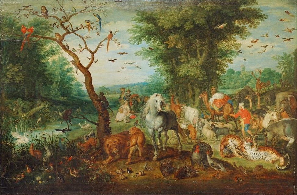 Jan Brueghel der Ältere, Paradieslandschaft mit Arche Noah (Affe,Kamel,Landschaft,Löwe (Tier),Pferd (Tier),Stachelschwein,Vogel,Zoologie,Altes Testament,Pfau,Bibel,Tiger,Manierismus,Paradies,Arche,Niederländische Kunst,Tierleben,Ornithologie,Jüdisch-Christlich,Schimmel (Pferd))