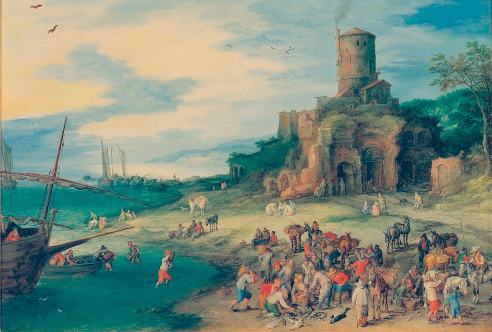 Jan Brueghel der Ältere, Seelandschaft mit Scipionengrab (Fischer,Fischerei,Flämische Kunst,Grab,Grabmal,Küste,Landschaft,Ruine,Meer,Manierismus,Niederländische Kunst)