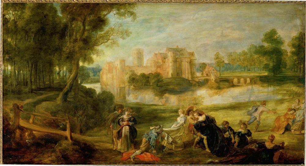 Peter Paul Rubens, Der Schloßpark (Ausflug,Festung,Flämische Kunst,Garten Und Park,Gesellschaftsspiel,Kunst,Landschaft,Menschen Im Park,Park,Freizeit,Schloss,Schlosspark,Spaziergang,Urlaub,Barock,Höfische Gesellschaft,Baum,Bilderrahmen,Architekturdarstellung,Niederländische Kunst,Burggrabe)