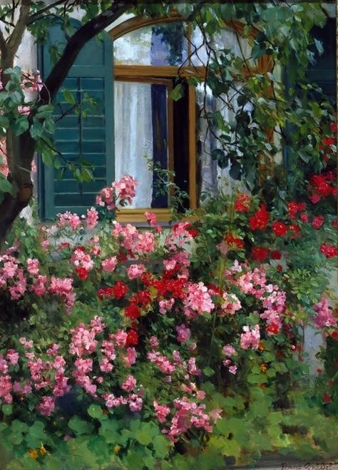 Franz GrÄssel, Am Blumenfenster (Deutsche Kunst,Fenster,Garten Und Park,Kunst,Hausgarten,Ziergarten,Strauch,Privatsammlung,Garten)