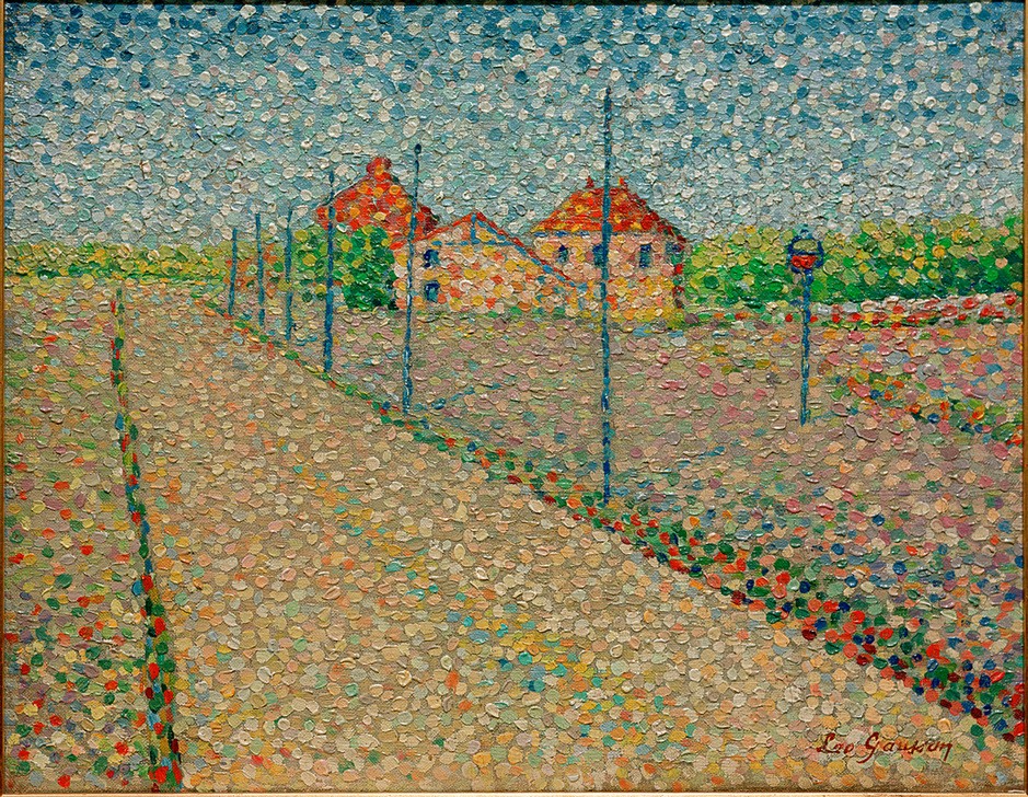 Leo Gausson, Paysage aux environs de Lagny  (Landschaft, Straße, Häuser, Pointilismus, klassische Moderne, Malerei, Wunschgröße, Treppenhaus, Wohnzimmer, bunt)