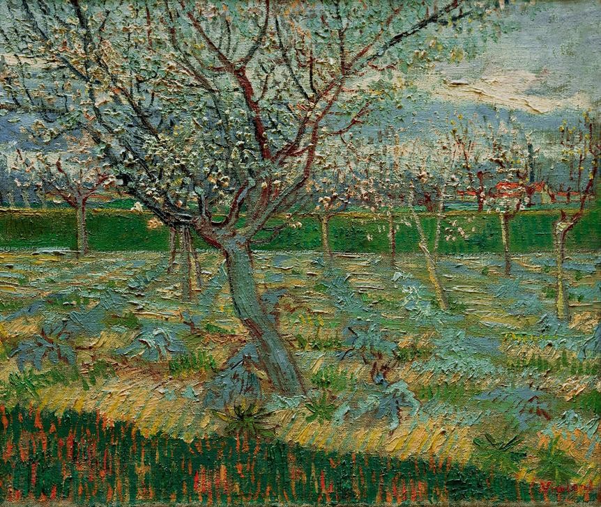 Vincent van Gogh, Blühender Obstgarten mit Aprikosenbäumen (Baumblüte,Jahreszeiten,Landschaft,Obstbau,Obstgarten,Impressionismus,Frühling,Niederländische Kunst,Holländische Kunst,Obstbaum,Garten)
