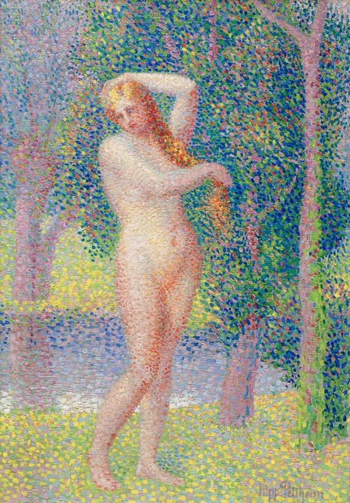 Hippolyte Petitjean, Baigneuse au bord de la rivière  (Badende, nackte Frau, Aktmalerei, Fluss, Ufer, Landschaft, Pointilismus, klassische Moderne, Wohnzimmer, Wunschgröße)