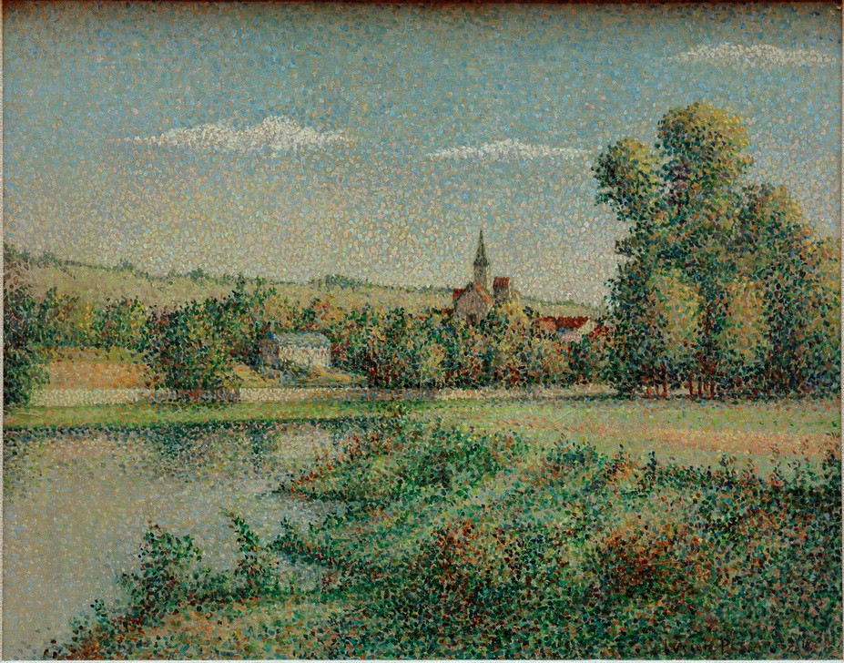 Lucien Pissarro, Village de l’Ile de France  (Landschaftsmalerei, Fluss, Dorf, Frankreich, klassische Moderne, Pointilissmus, Wunschgröße, Wohnzimmer)