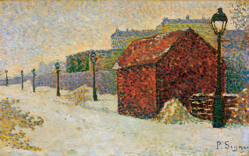 Paul Signac, La neige à Montmartre (Geographie,Jahreszeiten,Strassenlaterne,Winter,Impressionismus,Schnee,Pointillismus,Französische Kunst,Stadtlandschaft,Topographie)