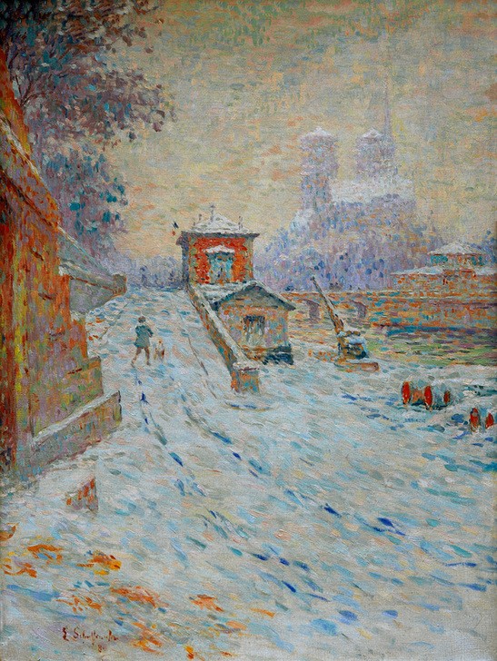 Emile Schuffenecker, Notre-Dame de Paris (Notre-dame par la neige oder Notre-Dam  (Straße, Schnee, Winter, Paris, diffus, Fassade, Notre Dame, Kirche, Pointilismus, Malerei, klassische Moderne, Wunschgröße, Wohnzimmer,)
