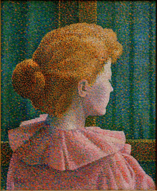 Unbekannt, Jeune femme blonde au chignon  (Frau, blonde Frau, Frisur, Knoten, Rückenansicht, Fenster, Pointilismus, Klassische Moderne, Wohnzimmer, Treppenhaus, Wunschgröße)