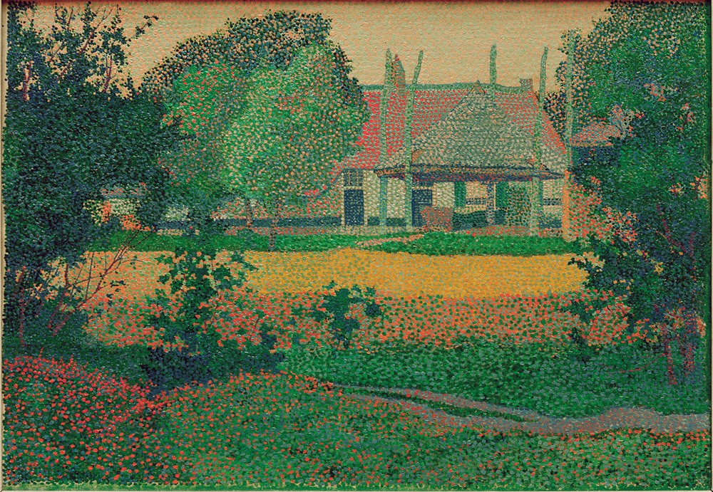Johannes Josephus Aarts, De Bataaf Farm (Landschaft, Farmhaus, Natur, Garten, Pointilismus, Klassische Moderne, Wunschgröße, Wohnzimmer, Malerei, bunt)
