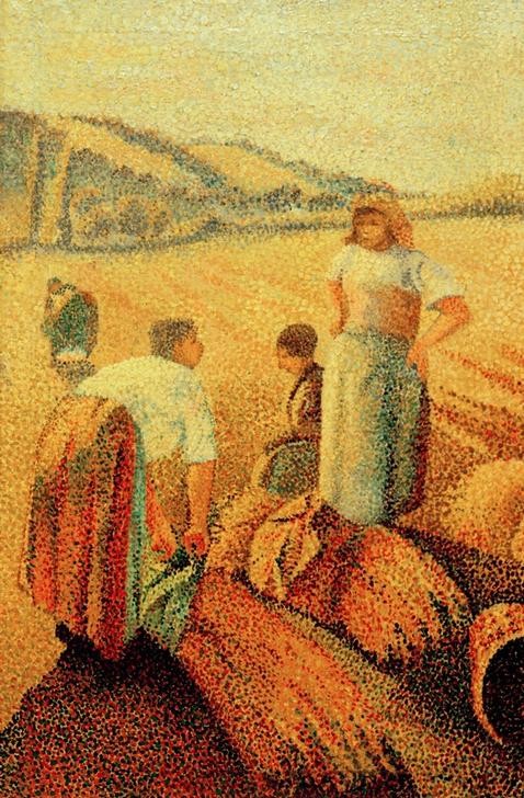 Charles Angrand, Aux champs  (Land, Landarbeiterinnen, Ernte, Landwirtschaft, Bauern, Feld, Feldarbeit, Impressionismus, moderne Klassiker, Pointilismus, Malerei, Wunschgröße, Wohnzimmer, bunt)