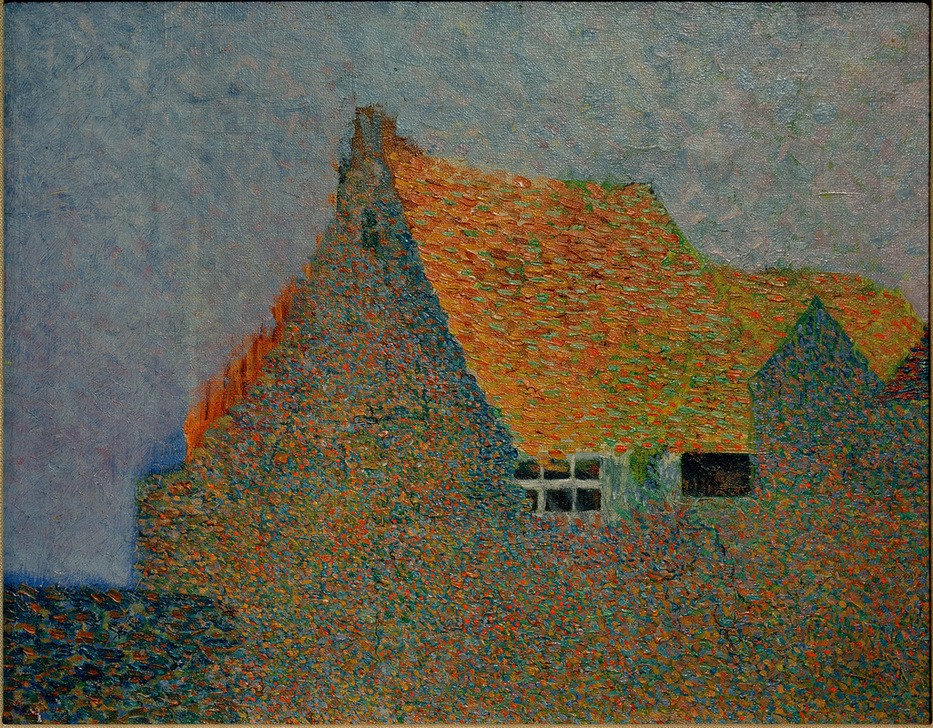 Leo Gausson, La maison  (Architektur, Gebäude, Haus, Giebel, Pointilismus, klassische Moderne, Malerei, Wunschgröße, Treppenhaus, Wohnzimmer, bunt)