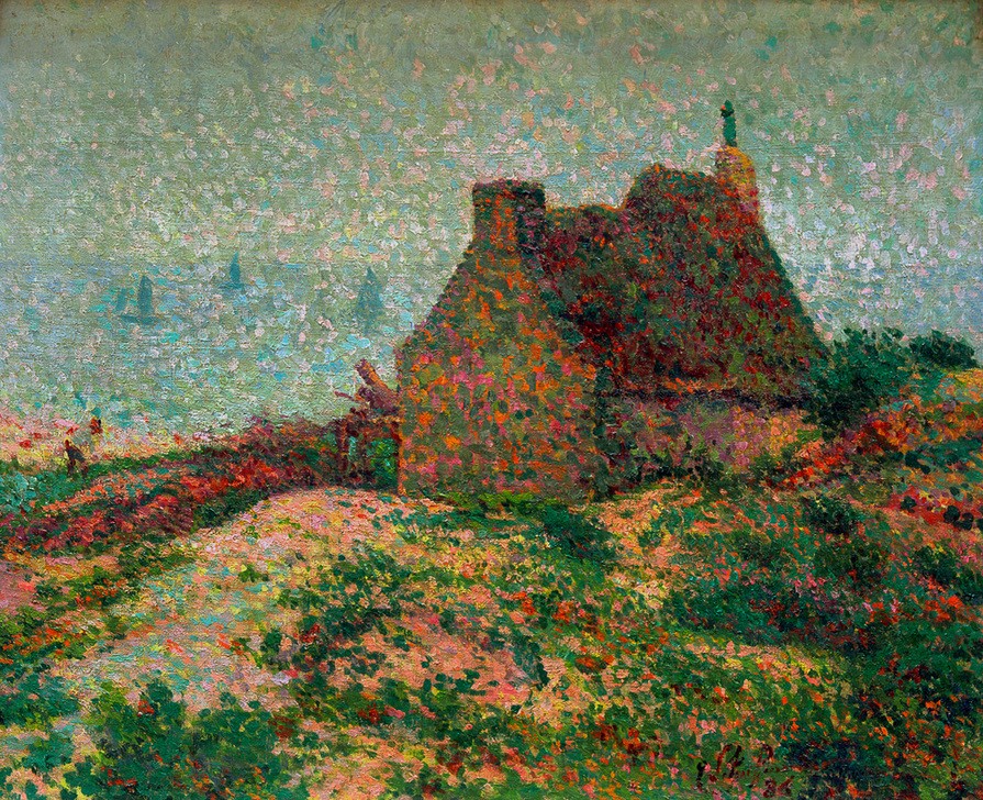 Emile Schuffenecker, Maison bretonne dominant la mer  (Landschaft, Fankreich, Haus, Idylle, Meer, Segelboote, diffus, Pointilismus, Malerei, klassische Moderne, Wunschgröße, Wohnzimmer,)