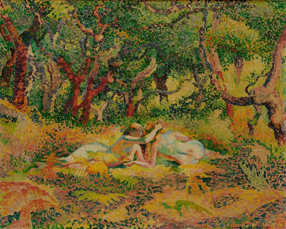 Henri Edmond Cross, Deux femmes nues sous un chêneliège (Garten, Korkeiche, nackte Frauen, Bäume, Wiese, Liebende, Erotik, Pointilismus, klassische Moderne, Wunschgröße, Malerei, Wohnzimmer)