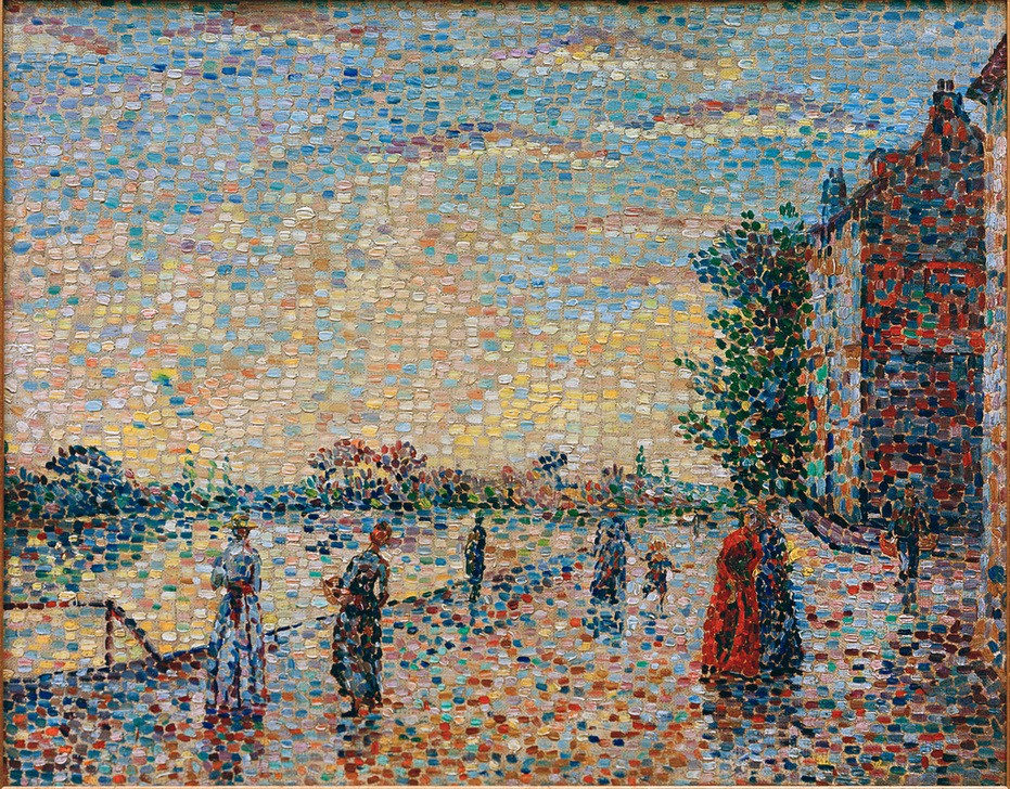 Achille Lauge, La promenade au bord de la rivière  (Stadt, Menschen, Promenade, Fluss, Spaziergänger, Pointillismus, Klassische Moderne, Wohnzimmer, Treppenhaus, Wunschgröße, bunt)