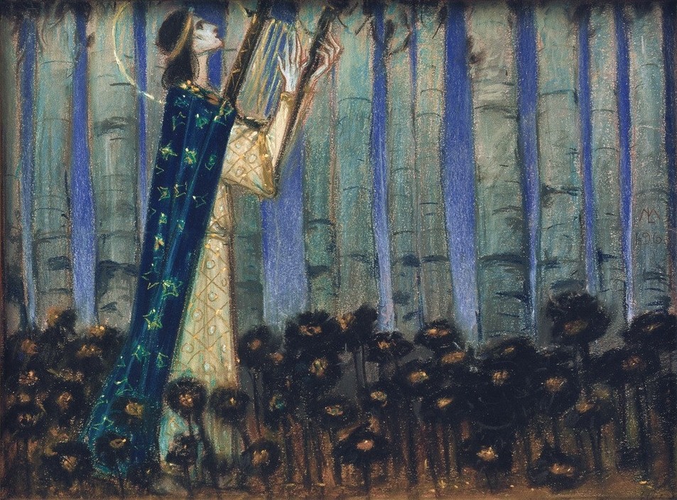 Melchior Lechter, Orpheus (Vorstudie) (Deutsche Kunst,Gesang,Jugendstil,Kunst,Landschaft,Mann,Musik,Mythologie,Saiteninstrument,Wald,Leier,Instrument,Studie,Unterwelt,Blume,Jahrhundertwende,Zupfinstrument,Griechisch-Römische Mythologie)