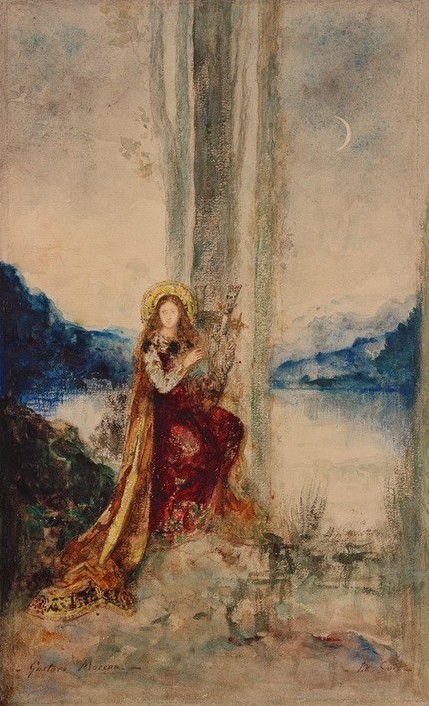 Gustave Moreau, Le Soir (Der Abend) (Frau,Gewässer,Jahr Und Kalender,Kunst,Landschaft,Mond,Musik,Saiteninstrument,Wasser,Tageszeiten,Abend,Leier,See,Instrument,Symbolismus,Baum,Französische Kunst,Ufer,Dämmerung,Mondsichel,Baumstamm,Personifizierung)