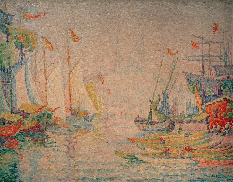Paul Signac, Das Goldene Horn (Boot,Geographie,Kunst,Segelschiff,Segelboot,Pointillismus,Französische Kunst,Topographie,Islamische Länder,Islamische Welt,Schifffahrt)