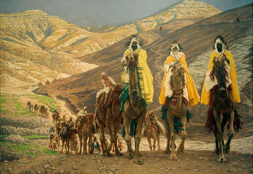 James Tissot (Jacques-Joseph), Die Reise der Könige (Christentum,Heilige,Kamel,Kunst,Religion,Wüste,Reiter,Orientalismus,Reise,Heilige Drei Könige (Neues Testament),Karawane,Französische Kunst,Historienmalerei,Berber,Reiten)