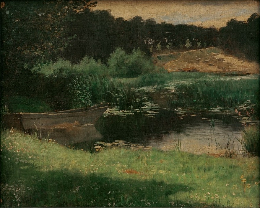 Melchior Lechter, Verschilfter See in der Mark Brandenburg (Deutsche Kunst,Jugendstil,Kunst,Landschaft,Wasser,Wasserpflanze,See,Ansicht,Jahrhundertwende)