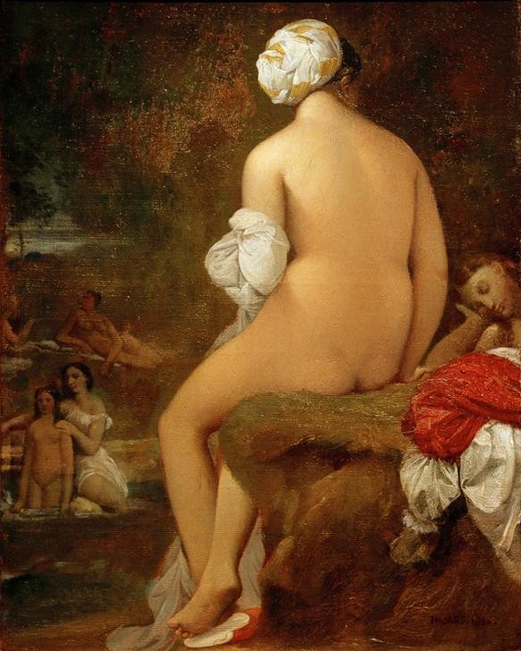 JEAN-AUGUSTE-DOMINIQUE INGRES, Die kleine Badende (Körperpflege,Bad Im Freien,Bad,Frau,Kopfbedeckung,Kunst,Völkerkunde,Klassizismus,Akt,Turban,Orientalismus,Harem,Rückenakt,Rückenfigur,Französische Kunst,Odaliske,Frauenbad,Frauenleben,Ganzfigurig,Land Und Leute)