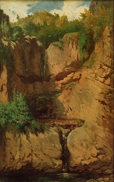 Melchior Lechter, Sturzbach II (Deutsche Kunst,Jugendstil,Kunst,Landschaft,Wasser,Wasserfall,Felsen,Bach,Steilwand)