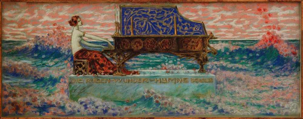 Melchior Lechter, Die Rosen-Wunder-Hymne (Deutsche Kunst,Frau,Jugendstil,Konzert,Kunst,Landschaft,Musik,Pianistin,Rose,Tasteninstrument,Meer,Instrument,Klavier Und Flügel,Allegorie,Bilderrahmen,Wunder,Halbakt,Blume,Hymne,Jahrhundertwende,Junge Frau,Klavierkonzert,Rahmen,Klaviermusik,Schrift,Flüge)