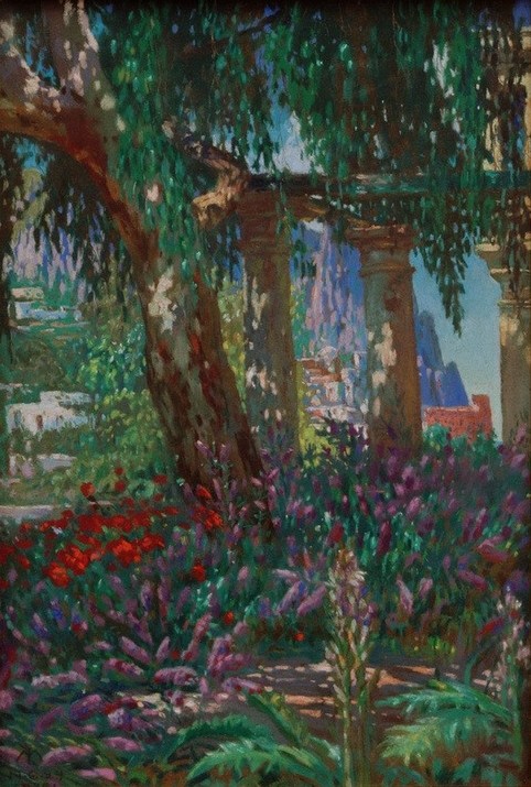 Melchior Lechter, Landschaft auf Capri: Blick auf eine Säulenreihe (Architektur,Deutsche Kunst,Garten Und Park,Kunst,Landschaft,Säule,Baum,Berg)