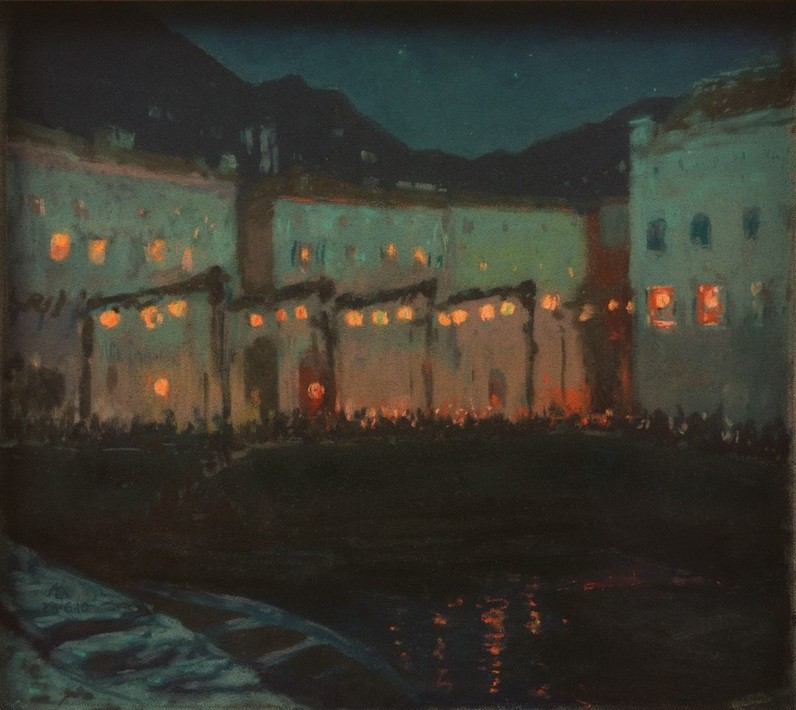 Melchior Lechter, Nächtliches Volksfest am Gardasee (Deutsche Kunst,Feste,Gebirge,Gesellschaftliches Leben,Haus,Jugendstil,Kunst,Landschaft,Licht Und Beleuchtung,Freizeit,Stadt,Volksfest,Wohnhaus (Allgemein),Tageszeiten,Nacht,See,Strassenfest,Ufer,Beleuchtung,Stadtleben,Gebäude,Dunkelheit,Feier)