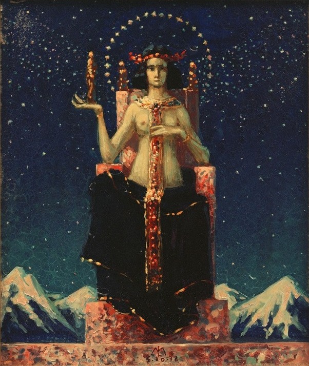 Melchior Lechter, Allegorische weibliche Figur vor Himalaya-Nachtlandschaft (Deutsche Kunst,Frau,Gebirge,Jugendstil,Kunst,Landschaft,Stern,Tageszeiten,Nacht,Schnee,Allegorie,Gestik,Thron,Halbakt,Heiligenschein,Sitzen,Privatsammlung,Ganzfigurig,Körperhaltung,Symbolik)