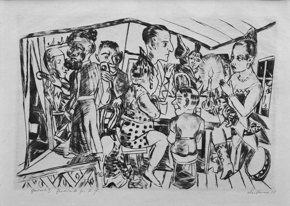 Max Beckmann, untitled (Menschen, Gesellschaft,  Artisten, Künstler, Zirkus, Expressionismus, Klassische Moderne, Grafik, Studie, Wohnzimmer, Treppenhaus, Wunschgröße, schwarz/weiß)
